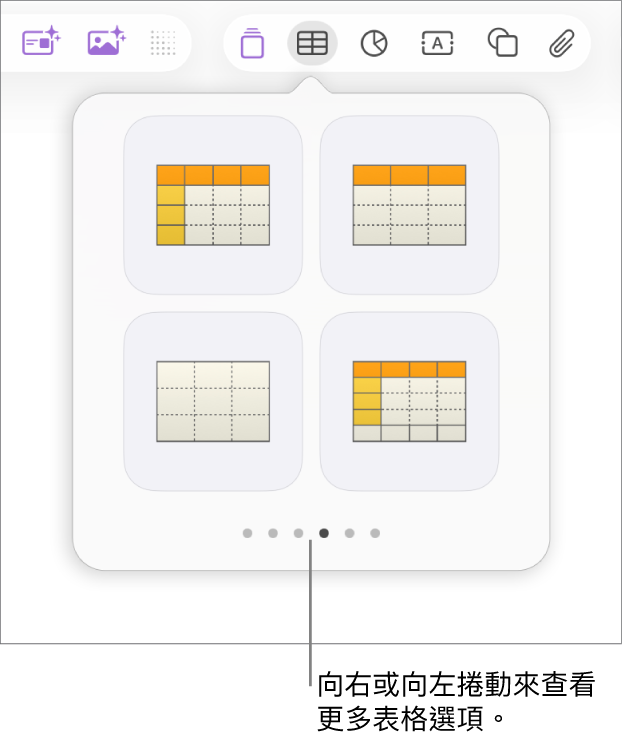 左側和右側帶有導覽箭嘴的「加入表格」面板。