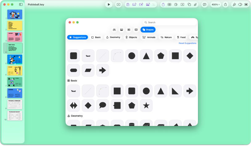 Keynote 視窗中顯示從工具列開啟的「形狀」選單。
