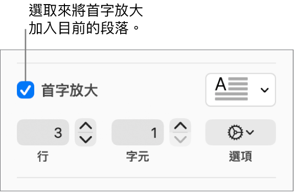 已選取「首字放大」註記框，其右方顯示彈出式選單；其下方顯示設定行高、字元數和其他選項的控制項目。