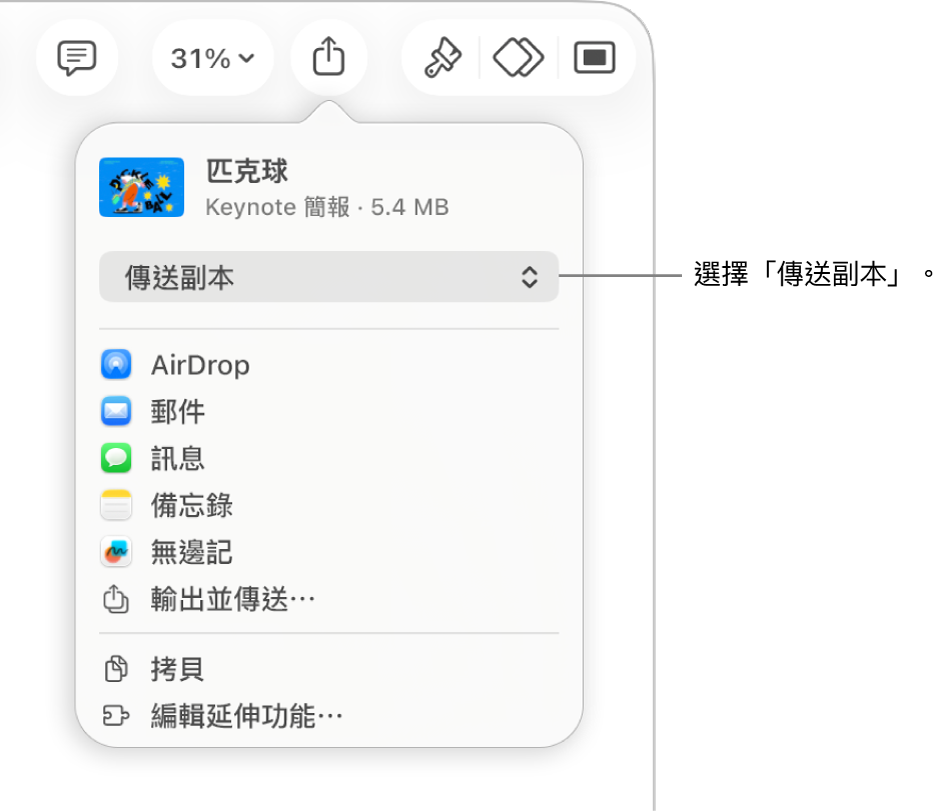 「分享」選單的最上方已選取「傳送副本」。