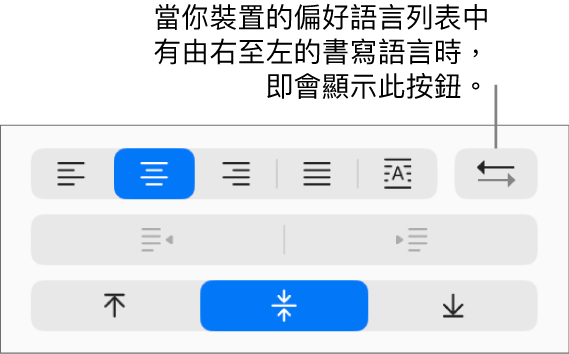 「格式」側邊欄「對齊方式」區域中的「段落方向」按鈕。