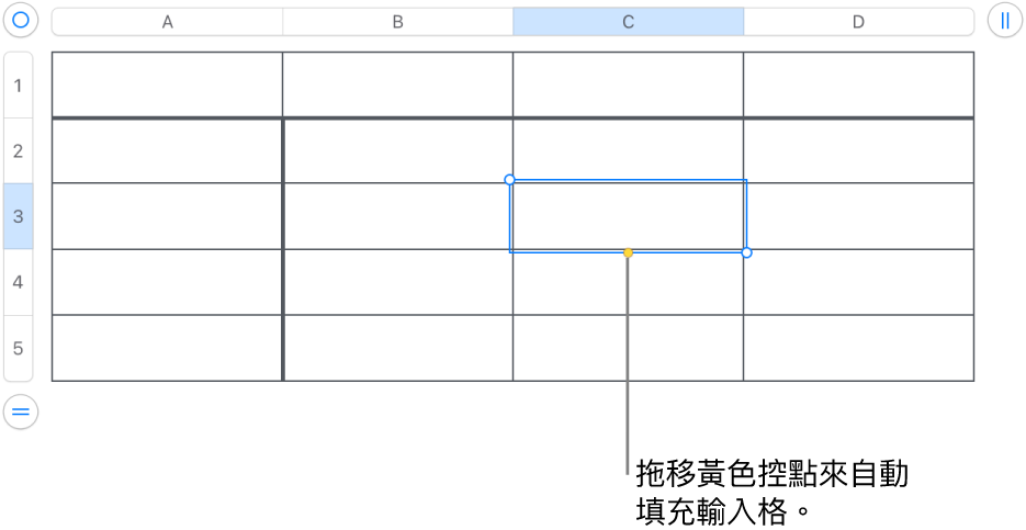 選取的輸入格帶有黃色控點,你可以拖移來自動填充輸入格。