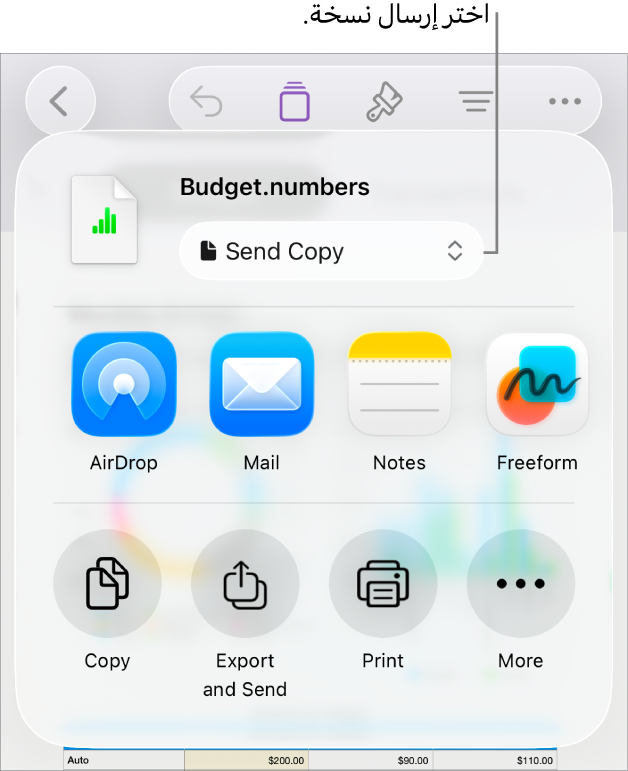 القائمة مشاركة حيث يظهر بها الخيار إرسال نسخة محددًا في الجزء العلوي.