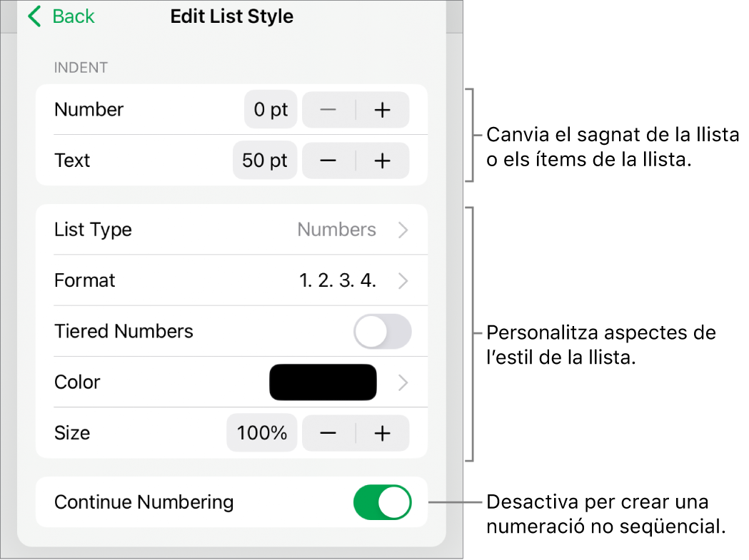 El menú “Edita l’estil de llista” en què es mostren els controls de l’espaiat de sagnat, tipus i format de la llista, numeració progressiva, color i mida de la llista i numeració contínua.