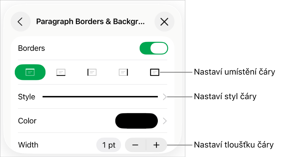 Ovládací prvky pro změnu stylu čáry, její tloušťky, umístění a barvy