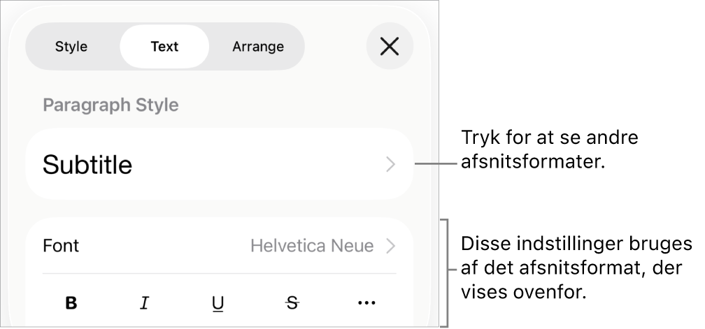 Menuen Format, der viser betjeningsmuligheder til tekst til indstilling af afsnits- og tegnformater, skrift, størrelse og farve.