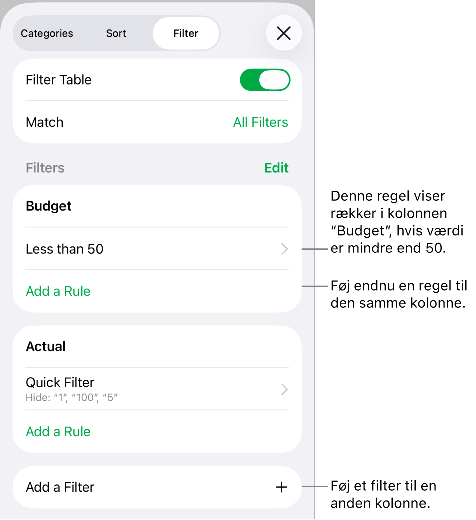 Betjeningsmuligheder til tilføjelse af nye filtreringsregler eller redigering af eksisterende.