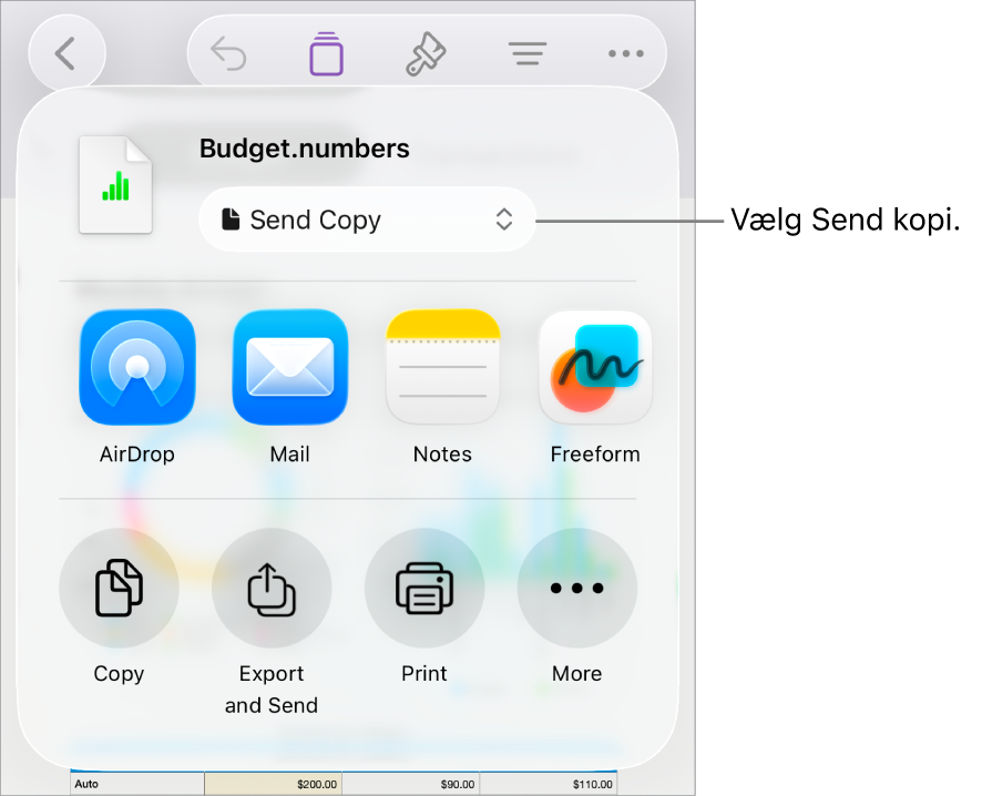 Menuen Del, hvor Send kopi er valgt øverst.