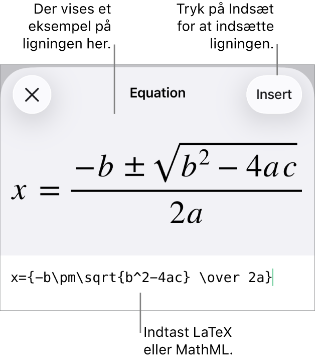 Dialogen Ligning, der viser den kvadratiske formel skrevet ved hjælp af MathML-kommandoer og derover et eksempel på formlen.