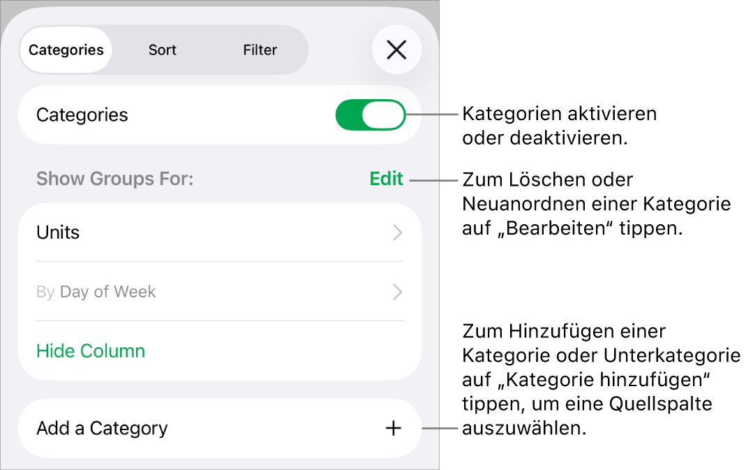 Das Menü „Kategorien“ für iPhone mit Optionen zum Deaktivieren von Kategorien, zum Löschen von Kategorien, zum Neugruppieren von Daten, zum Ausblenden einer Quellenspalte und zum Hinzufügen von Kategorien