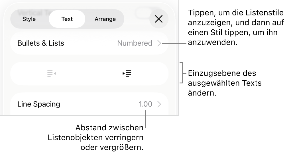 Der Abschnitt „Listen & Punkte“ der Formatsteuerungen mit Beschreibungen für „Listen & Punkte“, den Tasten „Einrücken“ und „Ausrücken“ und Steuerelemente für den Zeilenabstand