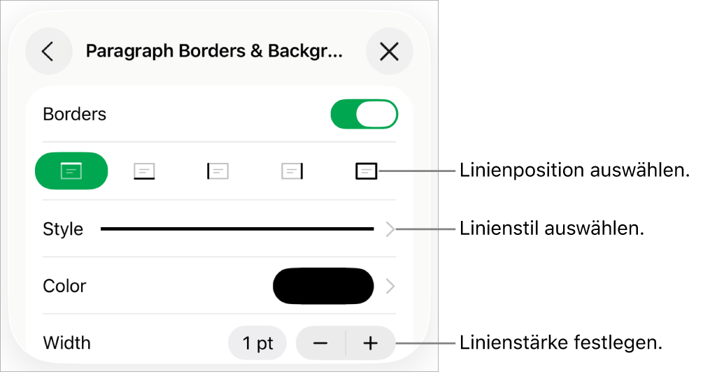 Steuerelemente, um Stil, Stärke, Position und Farbe der Linie zu ändern.