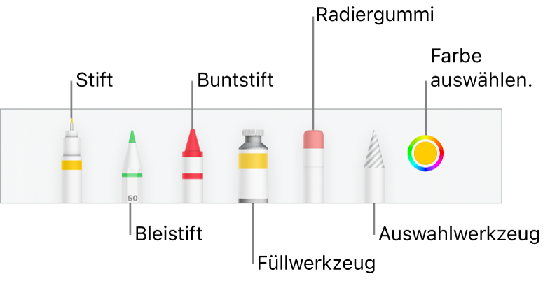 Die Zeichen-Symbolleiste in Numbers auf dem iPhone mit Werkzeugen wie Stift, Bleistift, Buntstift, Füllwerkzeug, Radiergummiwerkzeug, Auswahlwerkzeug und Farbfeld mit der aktuellen Farbe.