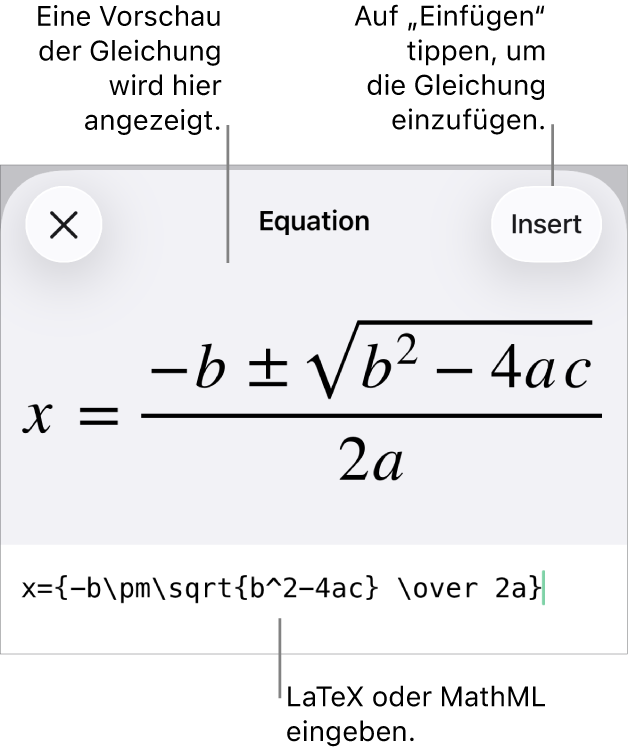 Im Dialogfenster „Gleichung“ wird eine Gleichung angezeigt, die mit MathML-Befehlen geschrieben wurde, darüber wird eine Vorschau der Formel angezeigt.