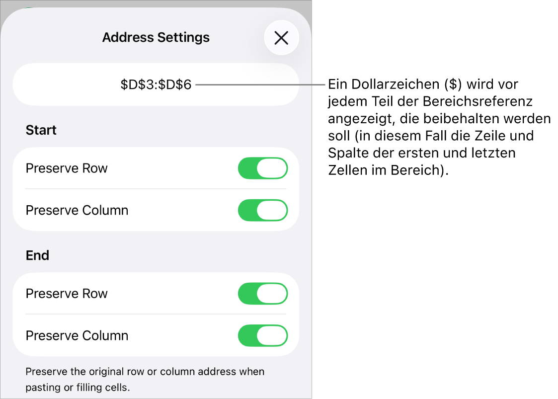 Steuerelemente, mit denen festgelegt wird, welche Zeilen- und Spaltenreferenzen einer Zelle beim Bewegen oder Kopieren der Zelle erhalten bleiben sollen. Jedem Bestandteil der Bereichsreferenz, der beibehalten wird, ist ein $-Zeichen vorangestellt.