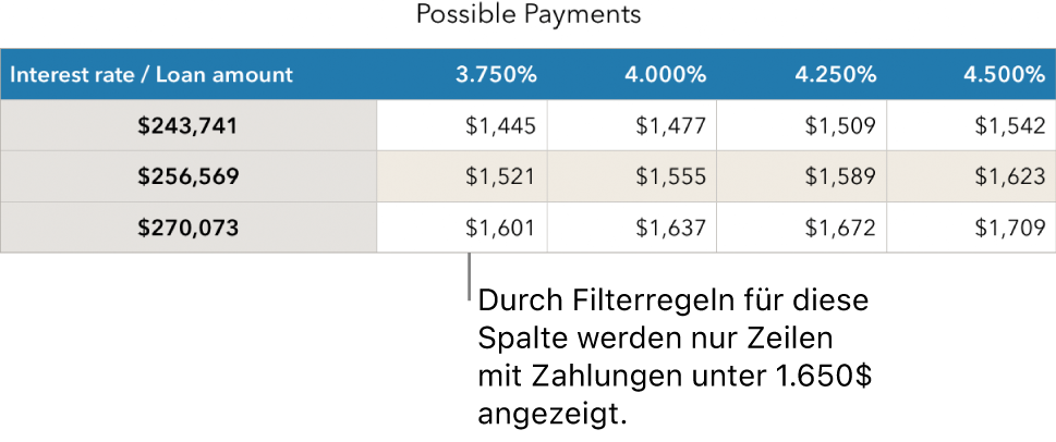 Eine Tabelle mit Ratenzahlungen nach dem Filtern für finanzierbare Tilgungsraten.