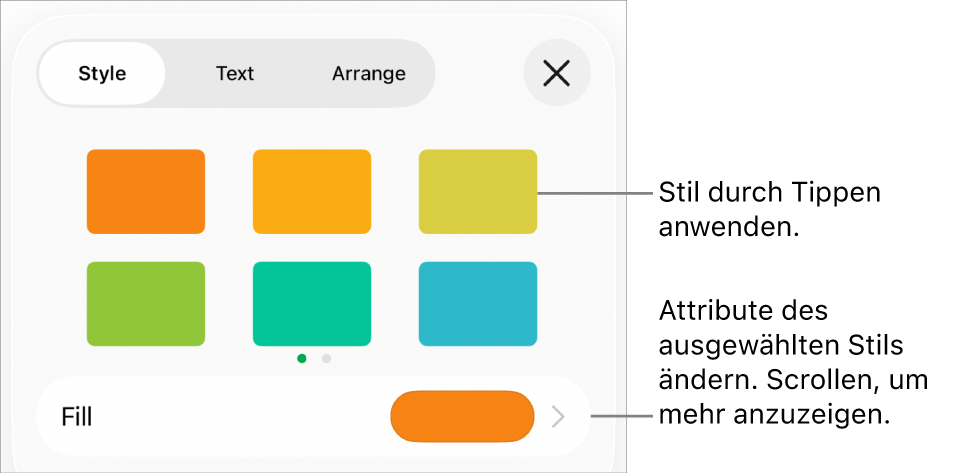 Der Tab „Stil“ des Menüs „Format“ mit Formstilen oben und ein Feld mit Füllfarben darunter