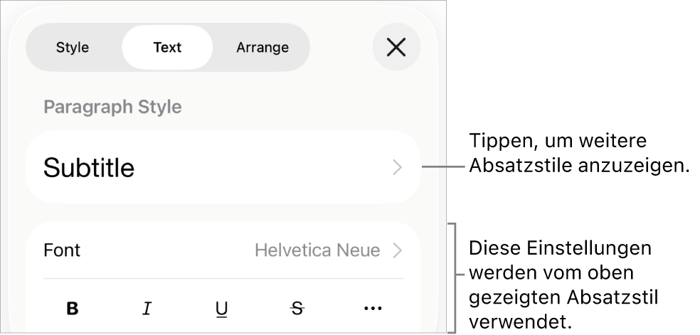 Das Menü „Format“ mit Textsteuerelementen zum Festlegen von Absatz- und Zeichenstilen, Schrift, Größe und Farbe