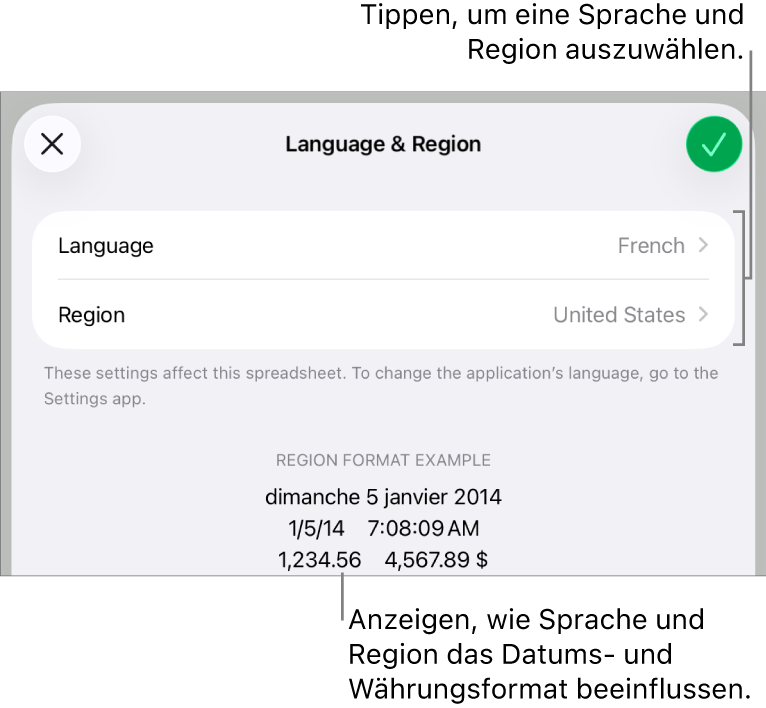 Das Fenster „Sprache & Region“ mit Einblendmenüs für Sprache und Region sowie einem Formatierungsbeispiel für Datum, Uhrzeit, Dezimalstellen und Währung.