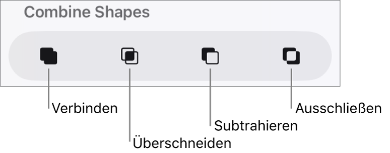 Die Tasten unter „Formen zusammenfügen“: Verbinden, Schnittmenge, Subtrahieren und Ausschließen