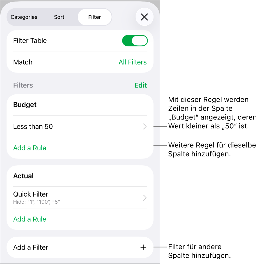 Steuerelemente zum Hinzufügen von neuen Filterregeln oder zum Bearbeiten von vorhandenen Regeln