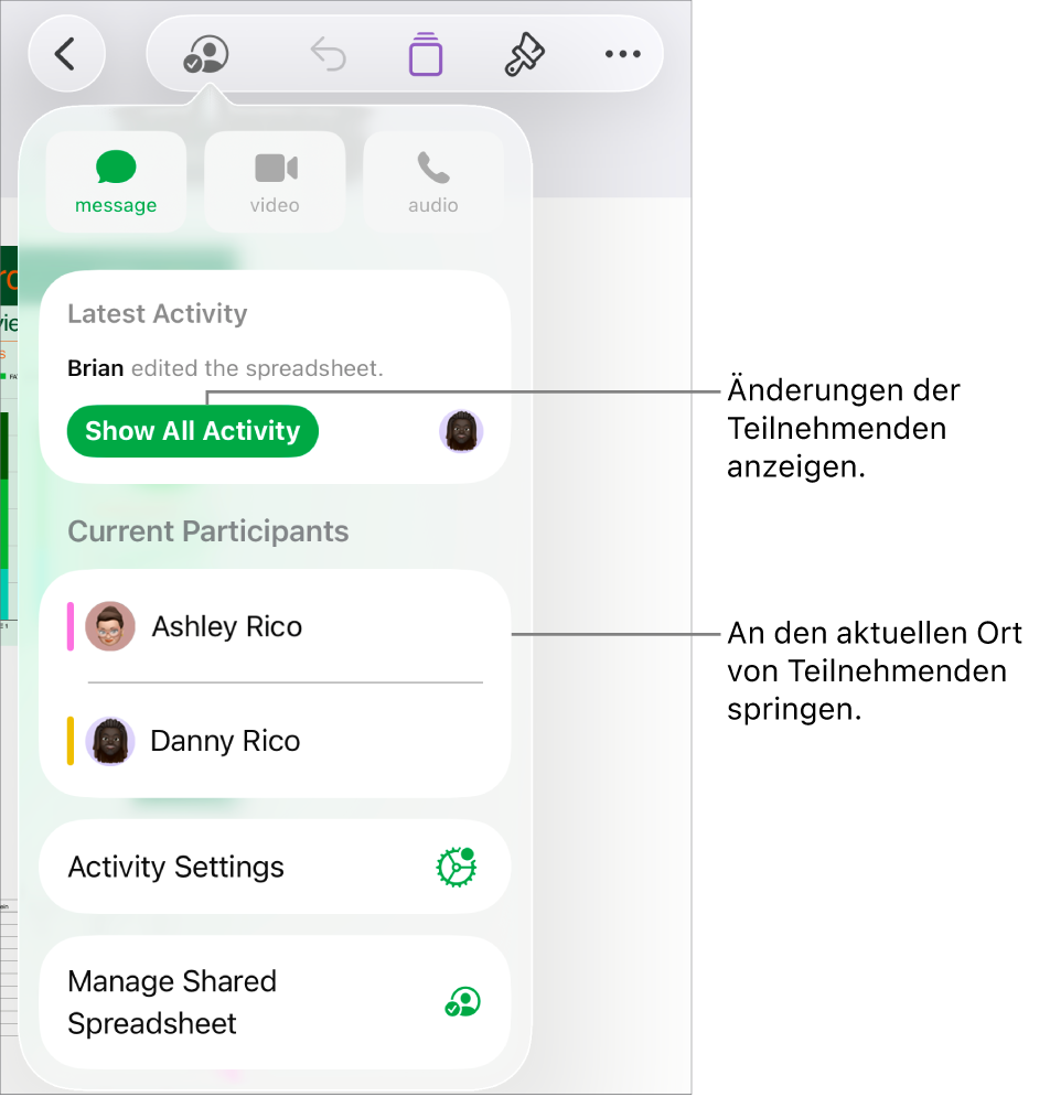 Das Menü „Zusammenarbeiten“ mit einer Liste der aktuellen Teilnehmer:innen.