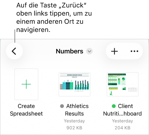 Die Darstellung zum Durchsuchen des Dokumentenmanagers mit der Taste „Zurück“ oben links und dem Suchfeld darunter. Unter dem Suchfeld befindet sich eine Taste „Tabellenkalkulation erstellen“ neben Miniaturen vorhandener Tabellenkalkulationen. Oben rechts in der Ecke befinden sich die Tasten „Hinzufügen“ und „Mehr“.