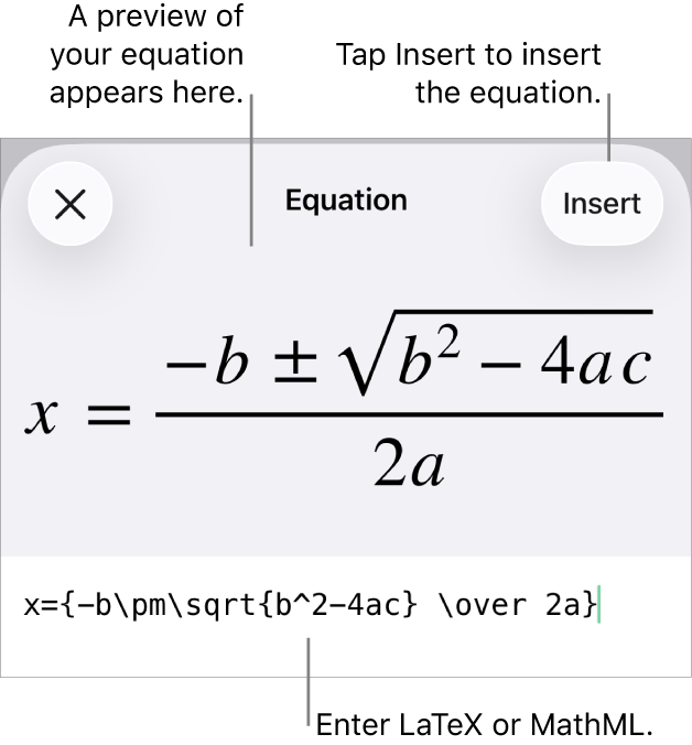 The Equation dialogue, showing an equation written using MathML commands and a preview of the formula above.