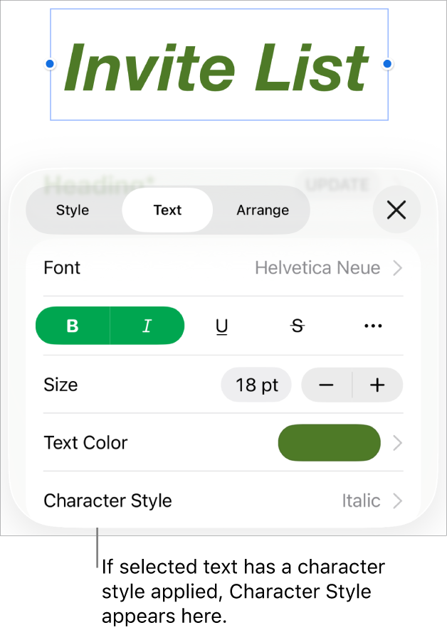 The Text formatting controls with Character Style below the Colour controls. The character style None appears with an asterisk.