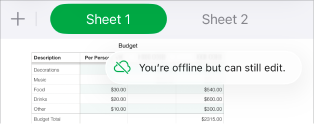 The buttons at the top of the screen, with the Collaboration button changed to a cloud with a diagonal line through it. An alert on the screen says “You’re offline but can still edit”.
