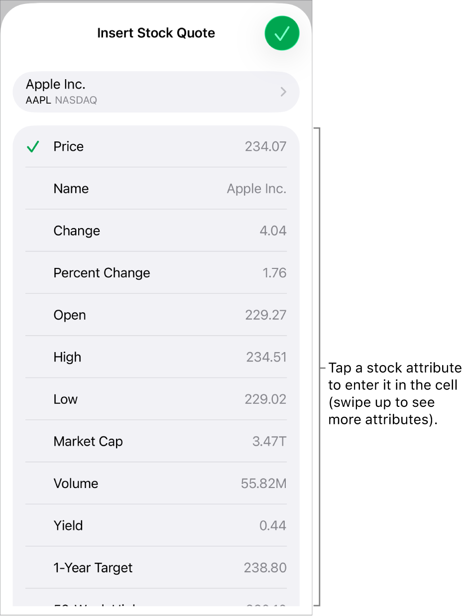The stock quote pop-over, with the stock name at the top and selectable stock attributes including price, name, change, per cent change and open listed below.