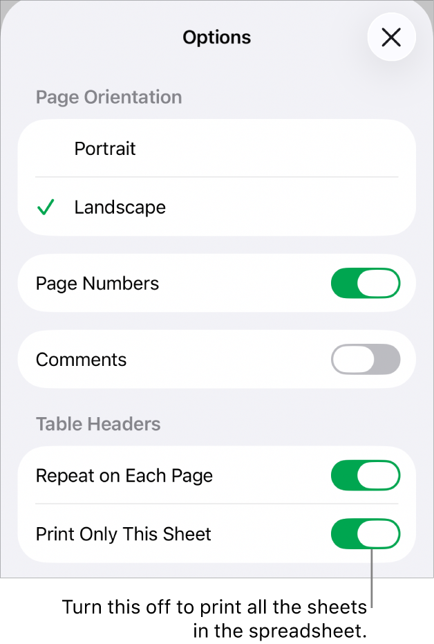 Printing options for choosing page orientation, showing page numbers and headers, and choosing paper size and which pages to print.