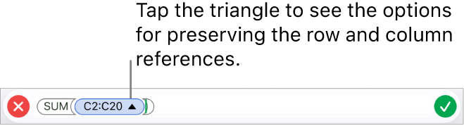 The Formula Editor showing how to preserve the row and column references when the cell is copied or moved.