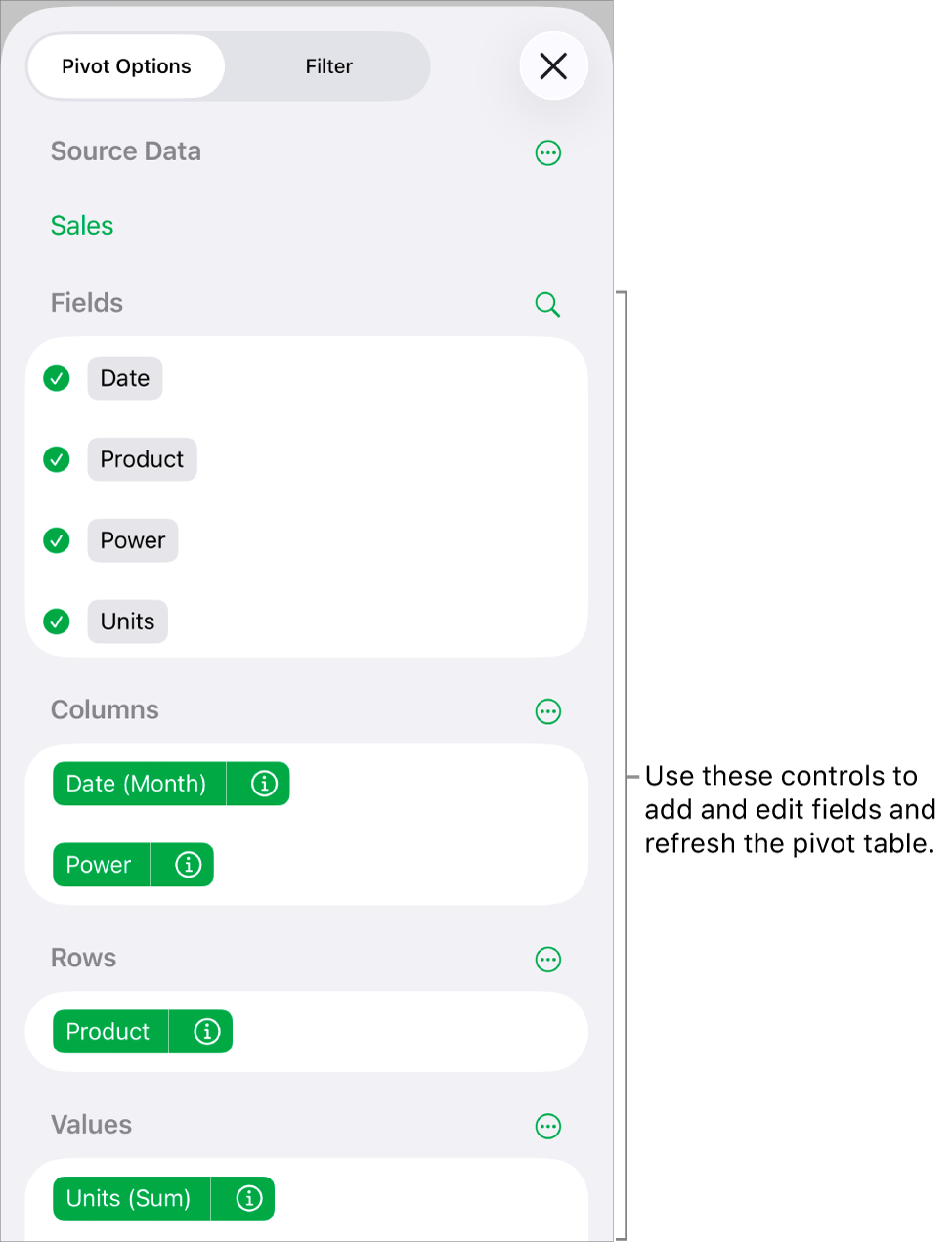 The Pivot Options menu showing fields in the Columns, Rows and Values sections, as well as controls to edit the fields.