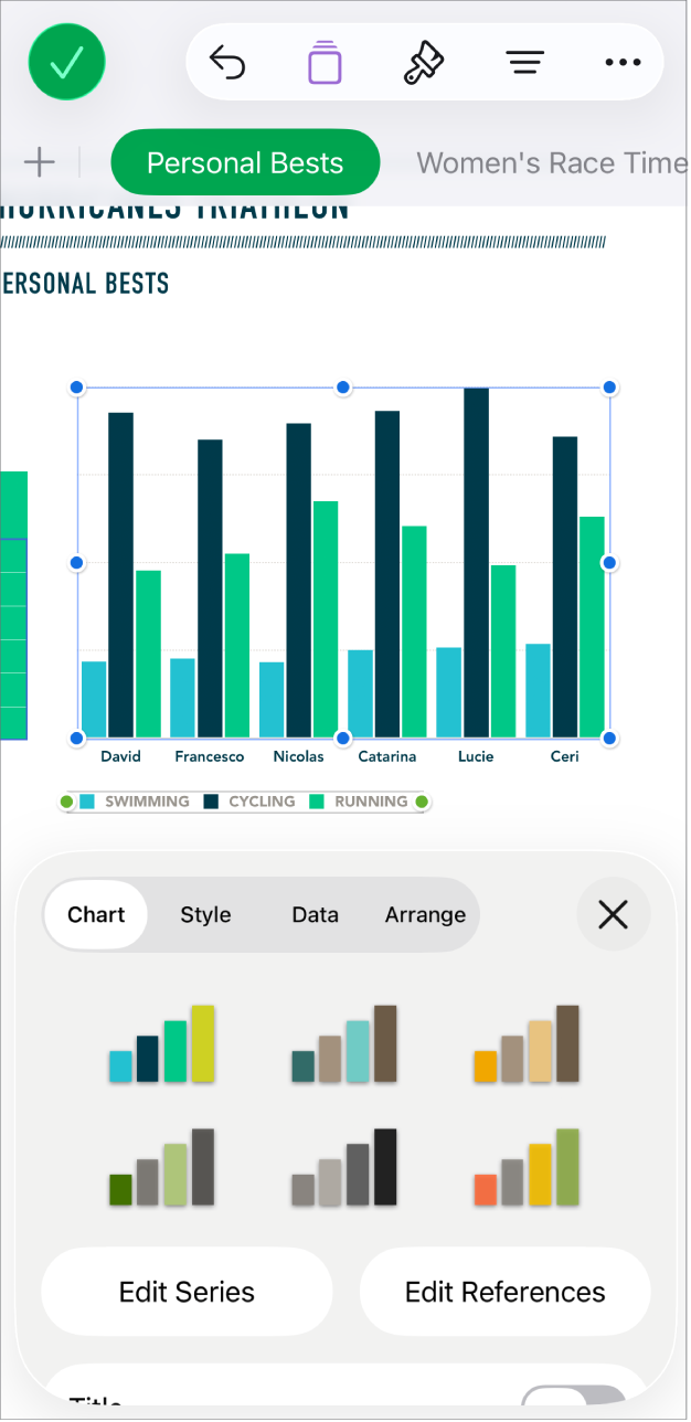 A pie chart showing percentages of trails completed. The Format menu is also open, showing different chart styles to choose from, as well as options to edit the series or chart references and turn the chart title on or off.