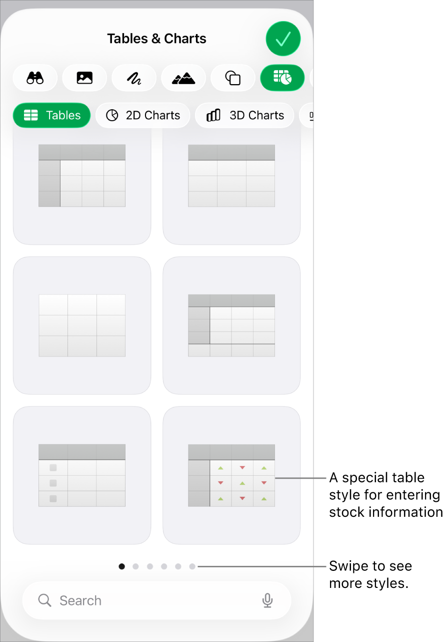 Thumbnails of the available table styles, with a special style for entering stock information in the bottom-right corner. Six dots at the bottom indicate you can swipe to see more styles.