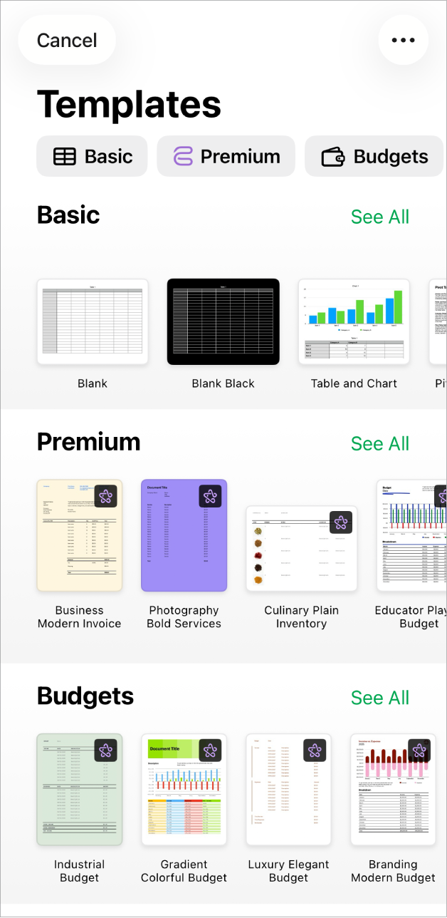 The template chooser, showing a row of categories across the top that you can tap to filter the options. Below are thumbnails of predesigned templates arranged in rows by category, starting with Basic at the top and followed by Personal Finance, Personal, and Business. A See All button appears above and to the right of each category row. The Cancel button is in the top-left corner.