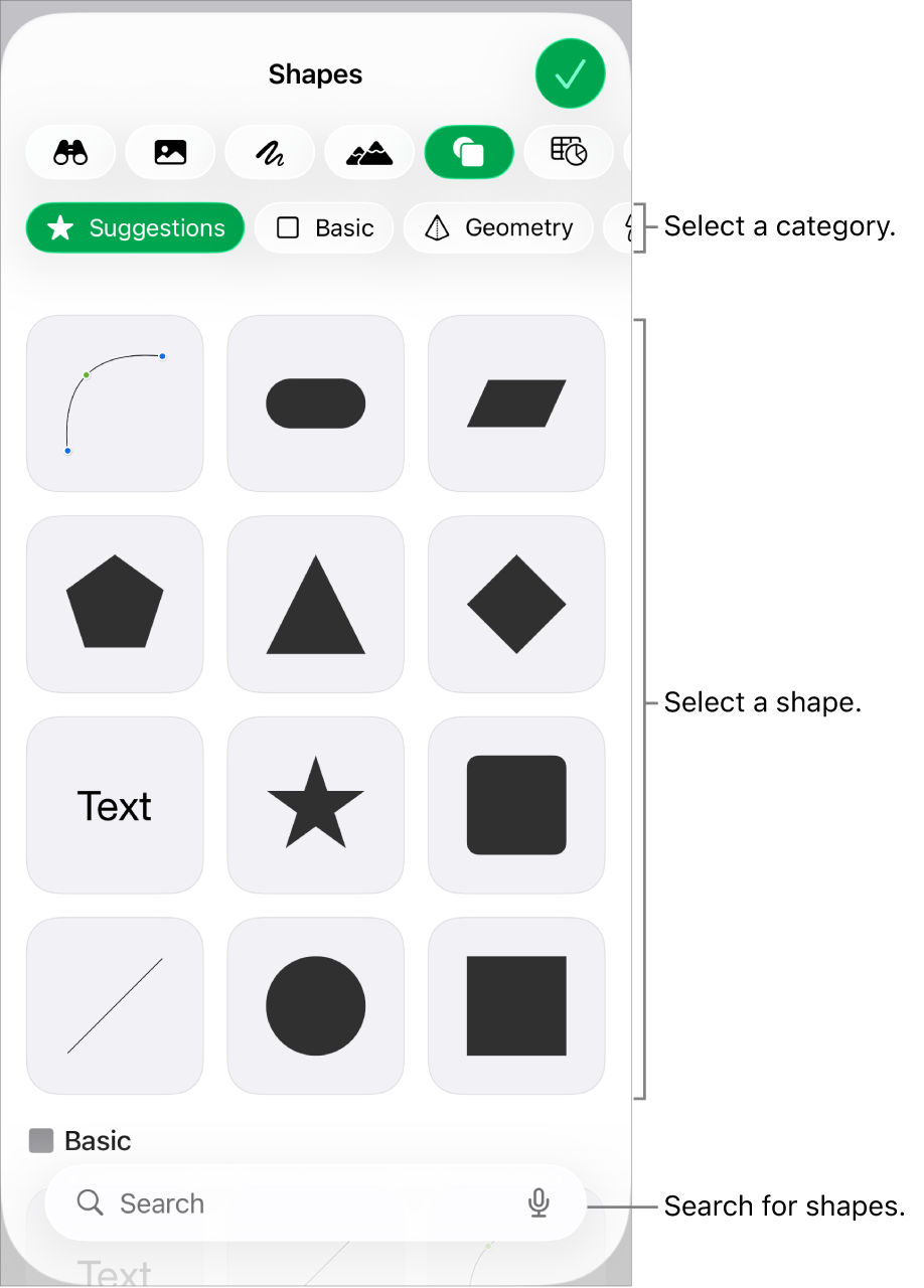 The shapes library, with categories at the top and shapes displayed below. You can use the search field at the top to find shapes and swipe to see more.