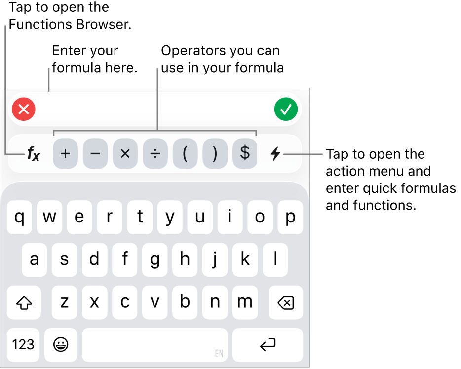 The formula keyboard, with the Formula Editor at the top and the operators used in formulas below it. The Functions button for opening the Functions Browser is to the left of the operators, and the Action menu button is to the right.
