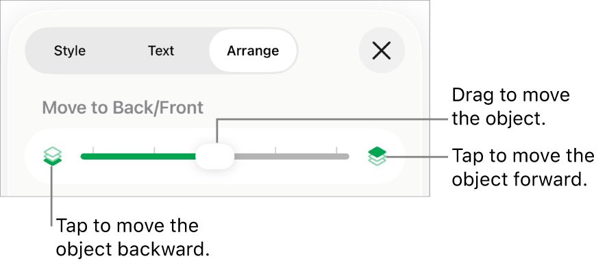The Move Backward button, the Move Forward button, and the layering slider.