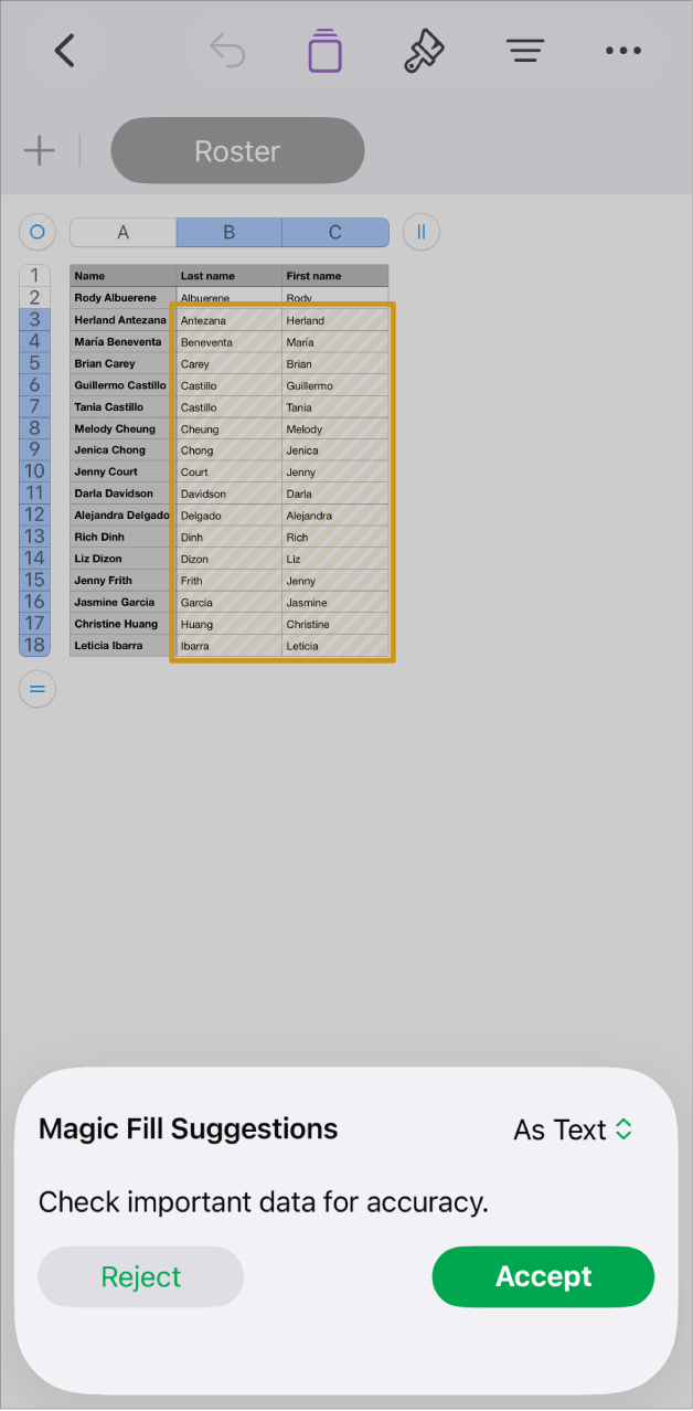 A spreadsheet with highlighted names and a Magic Fill Suggestions pop-up menu to accept or reject them.