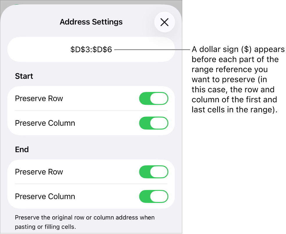 The controls for specifying which of a cell’s row and column references should be preserved if the cell is moved or copied. A dollar sign appears before each part of the range reference you want to preserve.