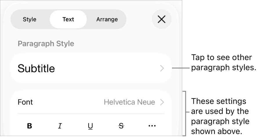 The Format menu showing text controls for setting paragraph and character styles, font, size, and color.