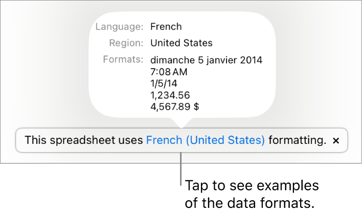 The notification of the different language and region setting, showing examples of the formatting in that language and region.