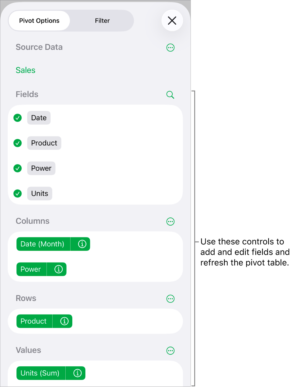 The Pivot Options menu showing fields in the Columns, Rows, and Values sections, as well as controls to edit the fields.