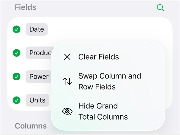 The More Field Options menu, showing the controls to hide grand totals, swap column and row fields, and clear fields.