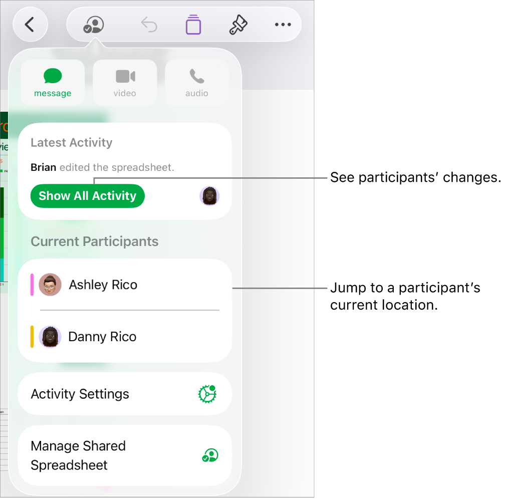 The collaboration menu with current participants listed.