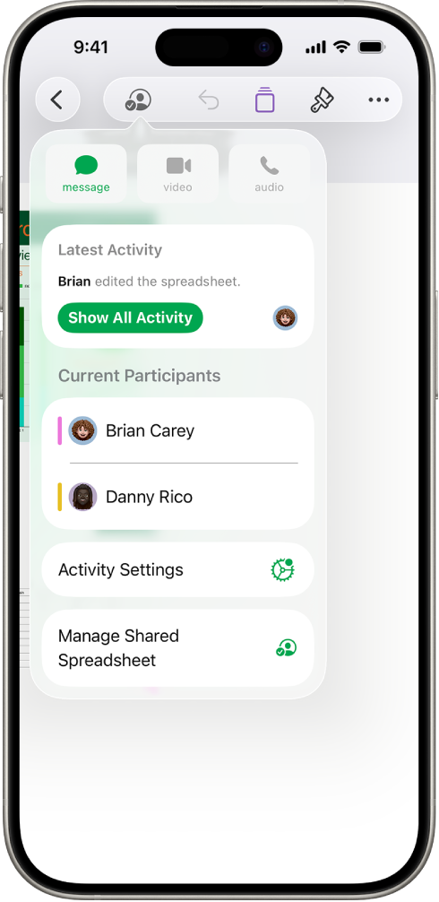 The collaboration menu showing the names of people collaborating on the spreadsheet.
