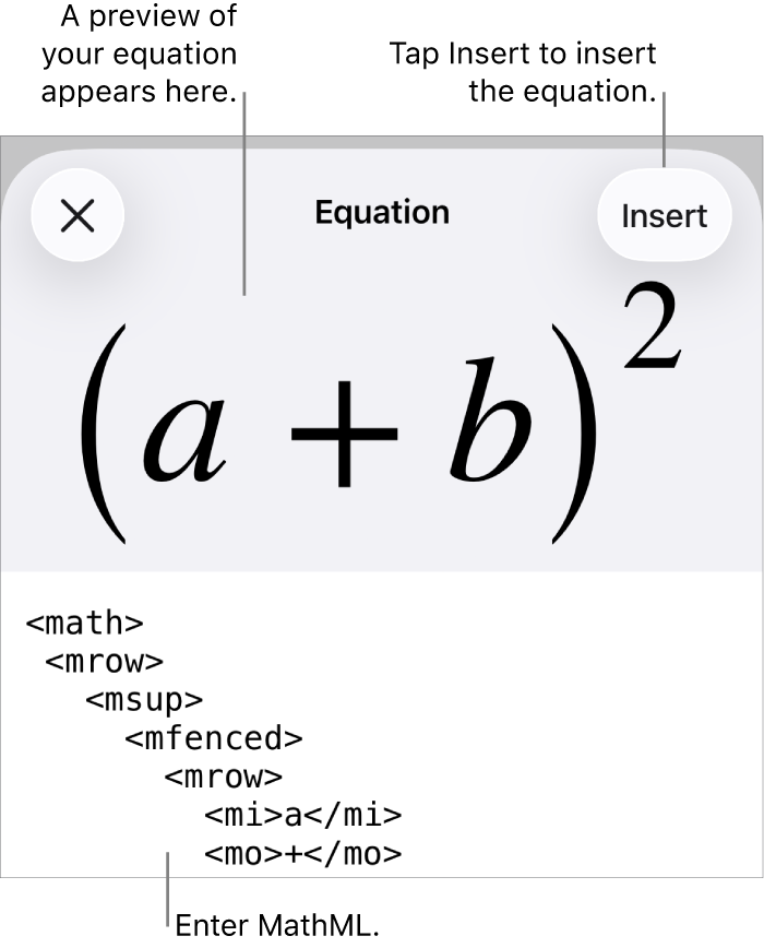 The Equation dialog, showing an equation written using MathML commands, and a preview of the formula above.
