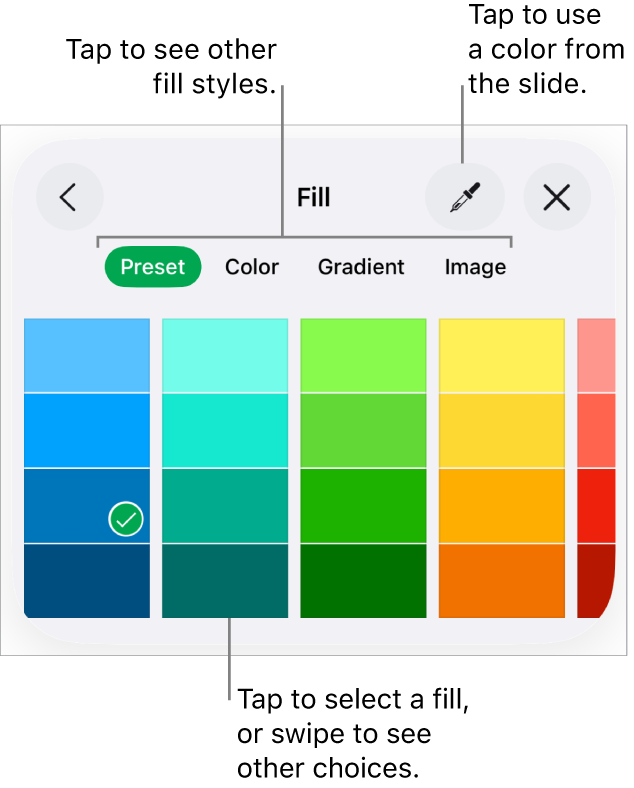 Fill options in the Style tab of the Format button.